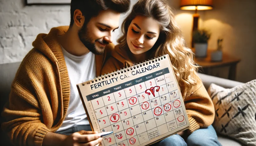 An image of a couple looking at a fertility calendar