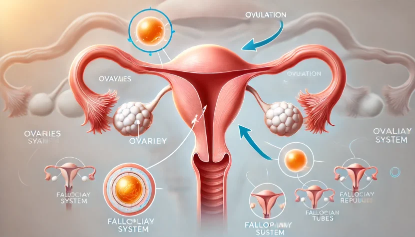 - An illustration of the female reproductive system, highlighting the ovulation process. The image shows the ovaries releasing an egg, with arrows