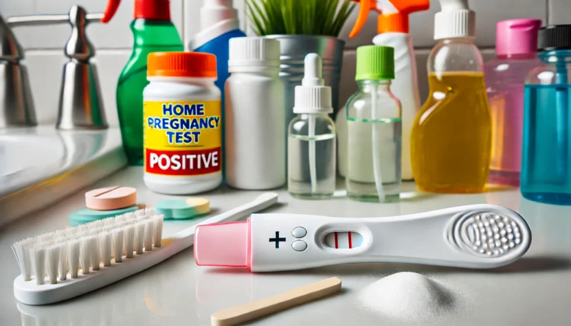 A detailed image of a pregnancy test kit surrounded by various medications and cleaning agents on a bathroom counter.