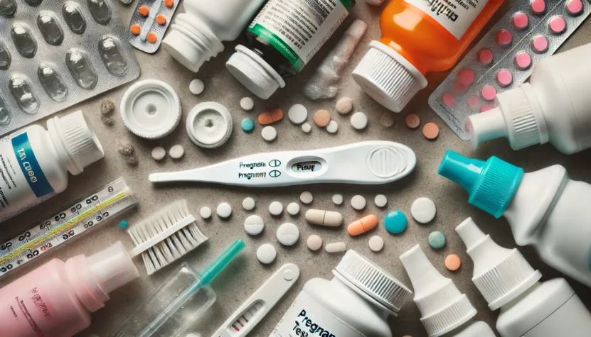 A detailed image of a pregnancy test kit surrounded by various medications and cleaning agents on a bathroom counter.